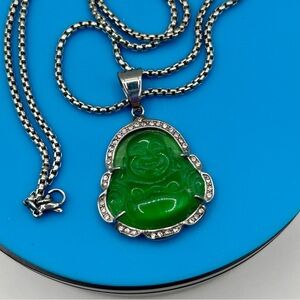 22” Green Buddha Crystal Accent Pendant Necklace